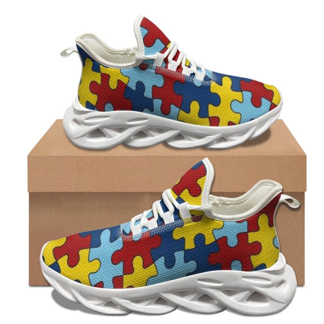Zapatillas deportivas para mujer con estampado de rompecabezas colorido y patrones de concienciación sobre el autismo, informales, cómodas, transpirables, para deportes al aire libre y correr.