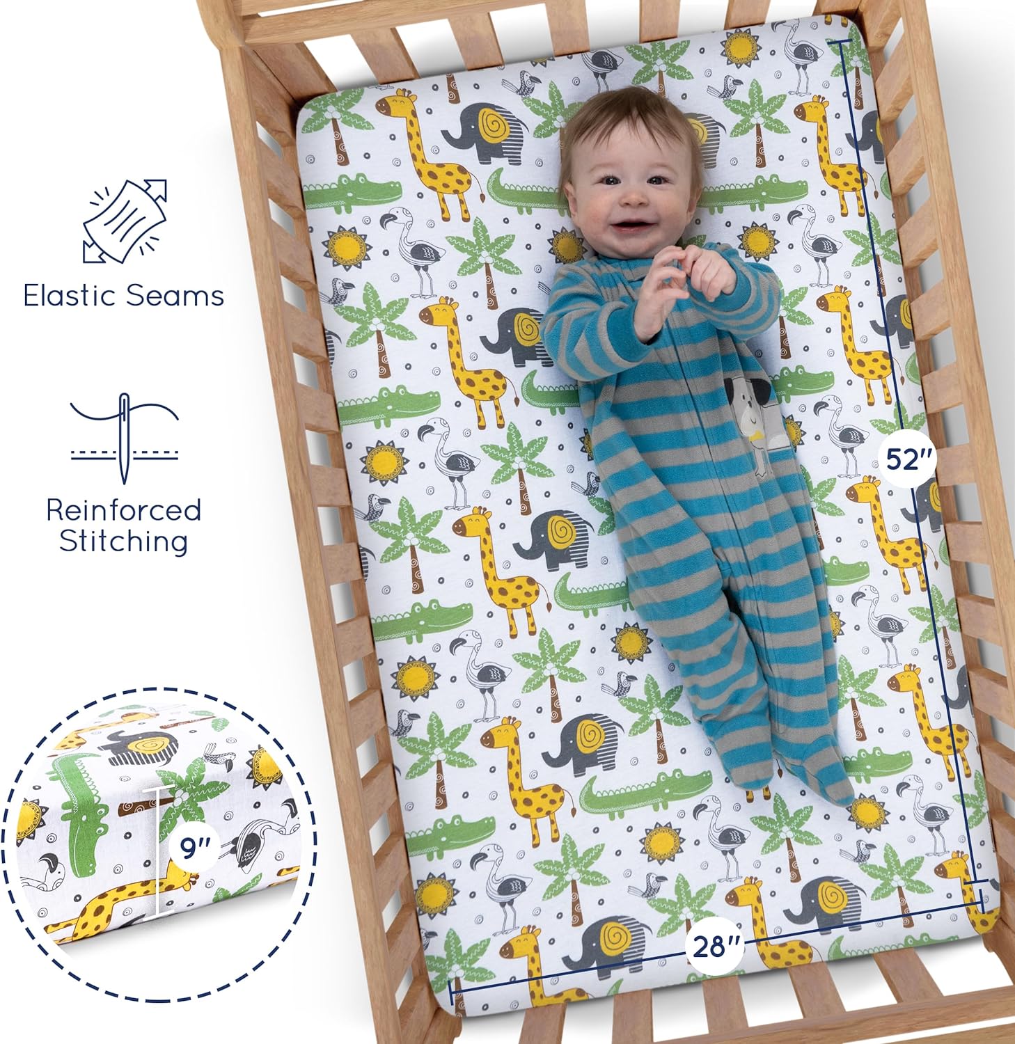 GROW WILD Safari Baby Crib Sheets - 52"x28"x9" Fitted Crib Sheets for Baby Boy or Girl (3 Pack)