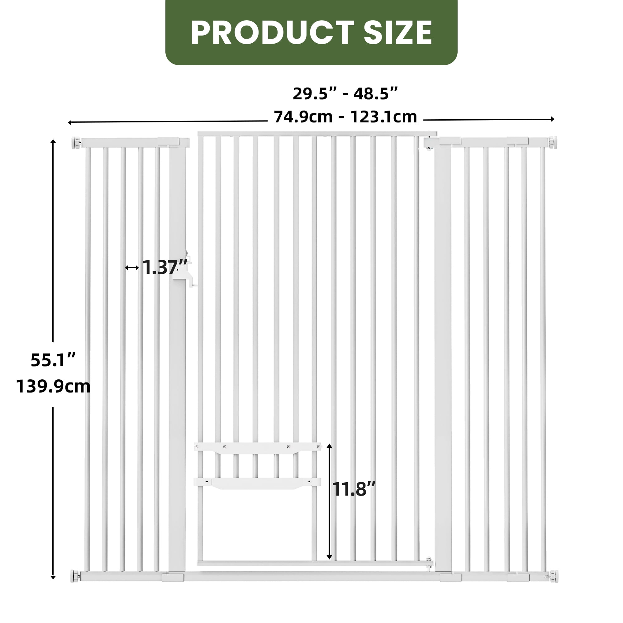 Uforic 55" Extra Tall Pet Gate with Cat Door, 29.5"-48" Wide, Auto-Close, No Drill, White