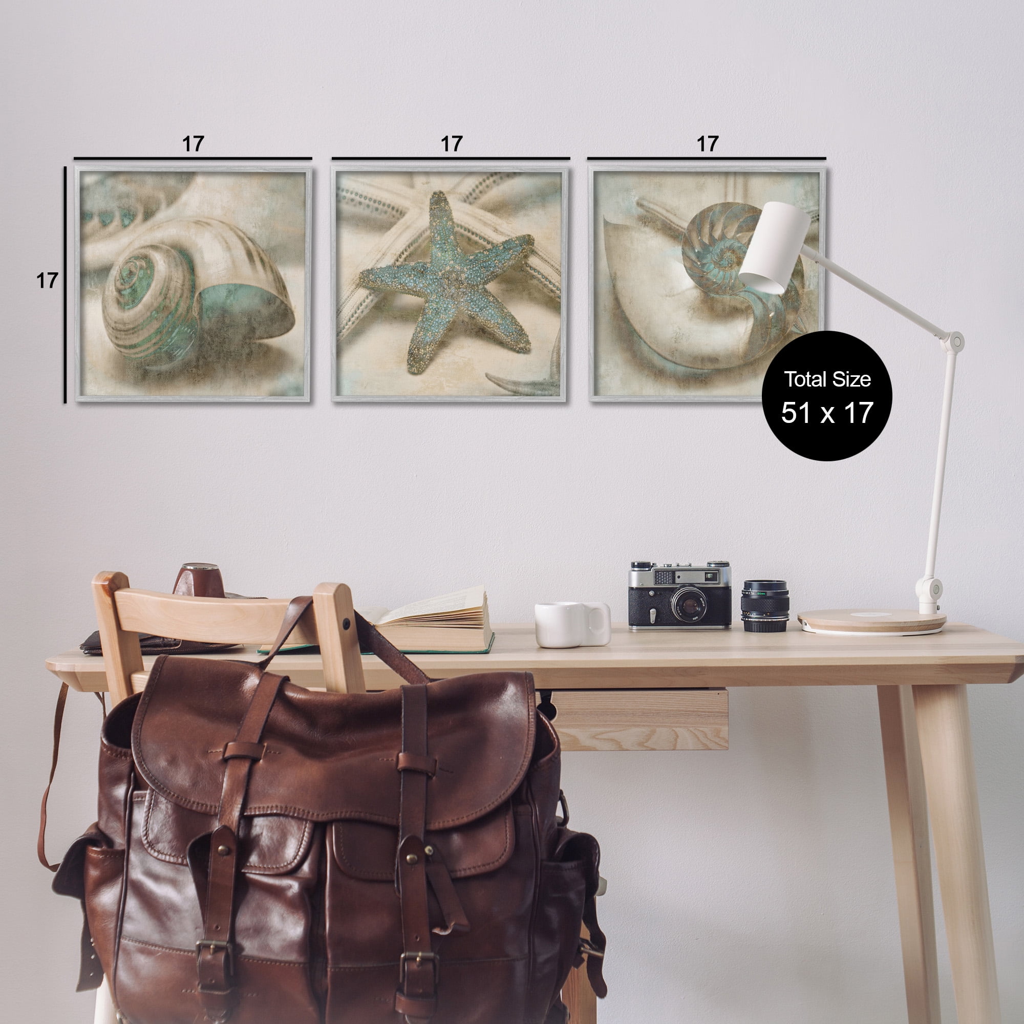 Stupell Industries Starfish & Sea Shells Distressed Nature Painting Gray Framed Art Print Wall Art, 17 x 17, Set of 3