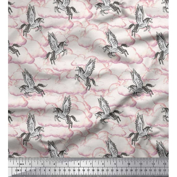 Soimoi Cotton Duck Fabric Cloud & Unicorn Animal Printed Craft Fabric by the Yard 56 Inch Wide