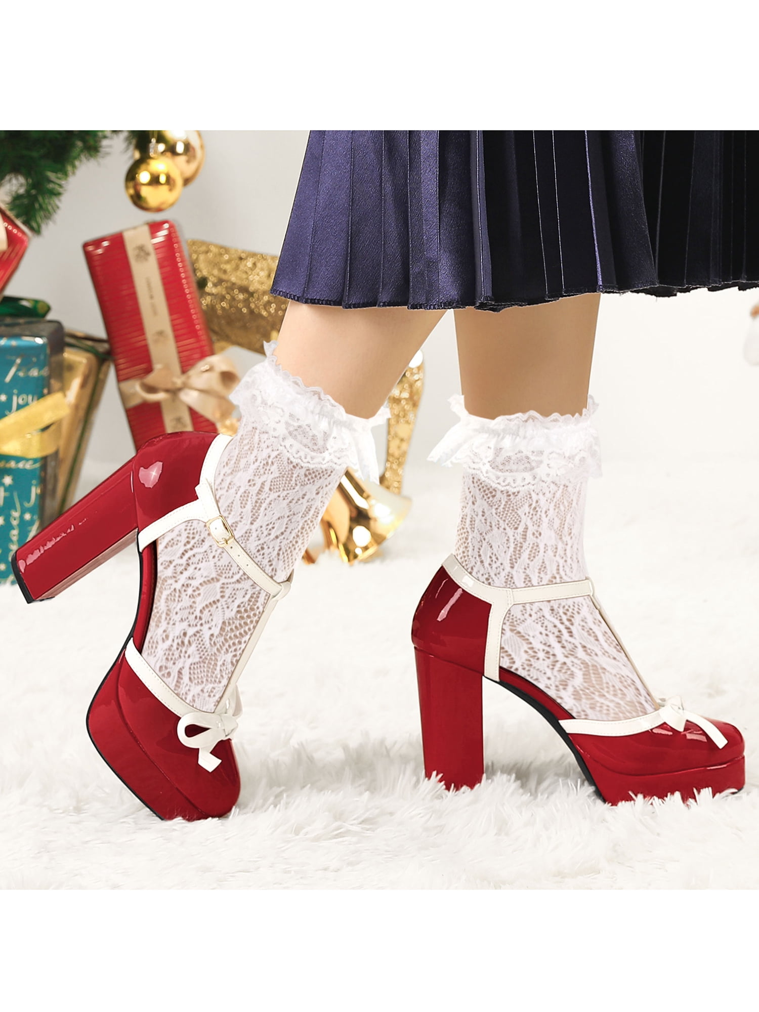 DARING DIVA Women's Platform Bow T Strap Chunky Heels Pumps Red 10