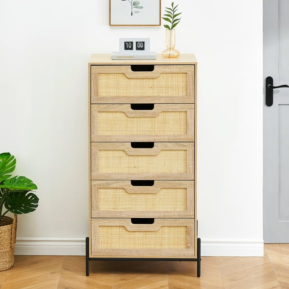 5 Drawer Dresser, Rattan Chest of Drawers, Modern Farmhouse Storage Dresser, Wooden Bedroom Dresser, Tall Drawer Dresser for Living Room, Hallway, Entryway