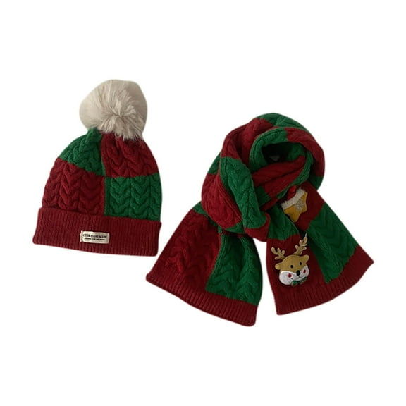 BFHHYA 2Pcs Kids Christmas Hat Scarf Set Winter Knit Warm Soft Pom-Pom Beanie Scarf Gift Set for Boys Girls and Toddlers 1.5-6Y
