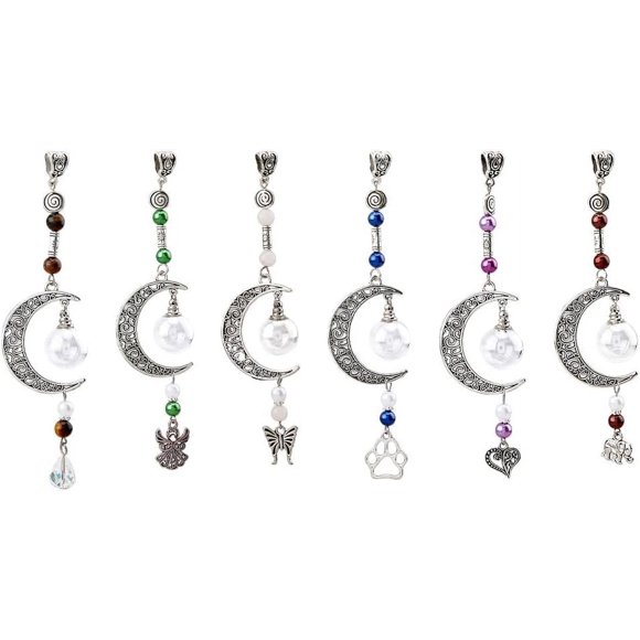 6 colgantes de luna de 6 estilos con forma de corazón, mariposa, elefante y botella de vidrio, de aleación de estilo tibetano, para bolsos, mochilas, llaveros, etc.