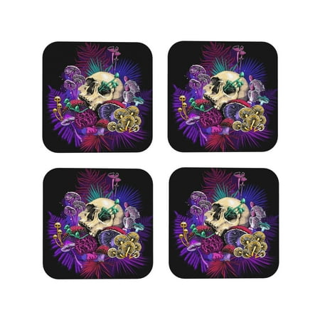 

Tideii Mushrooms and Skull for Leather Coasters 4 Pieces Anti-fouling and Anti-scalding Decorative Coasters Suitable for Restaurants Kitchens Coffee Shops-Square