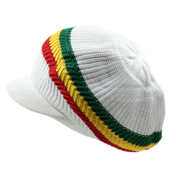 RW Knitted Cotton Rasta Slouchy Beanie Visor (White/RGY)