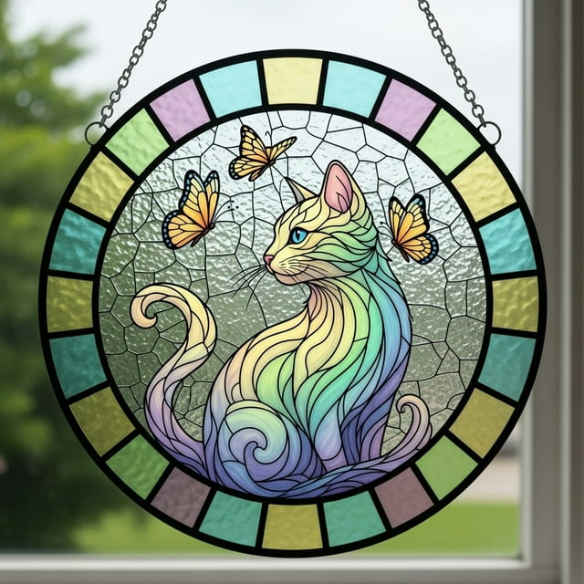Colorful Stained Glass Cat Hanging Decor for Windows - Lifelike Feline Figure with Butterfly and Star Details Creates Dreamy Light Effect