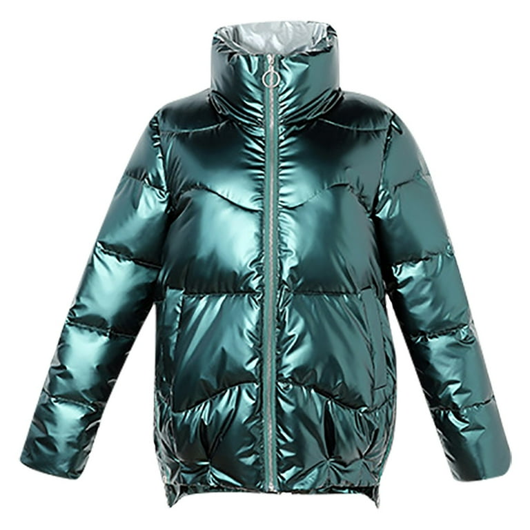 Hvyesh Winter Shiny Puffer Jacket for Women Zipper Stand