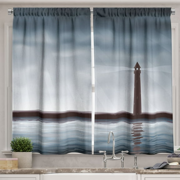 Ambesonne Lighthouse Kitchen Curtains, Marine Life Theme, 55"x39", Bluegrey Chocolate
