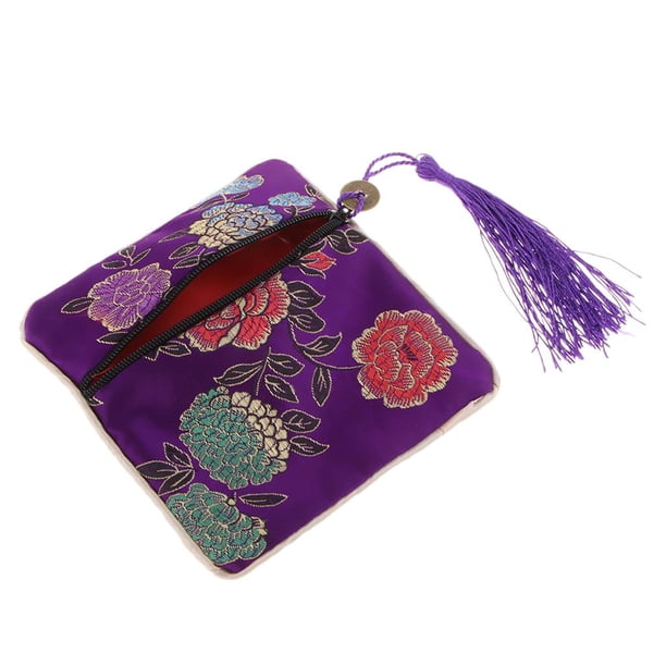 Bolsa de almacenamiento de brocado con cremallera hecha de joyas Shu Cartera con flecos Decoración Púrpura CUTICAT Guzheng Bolsas de almacenamiento de uñas