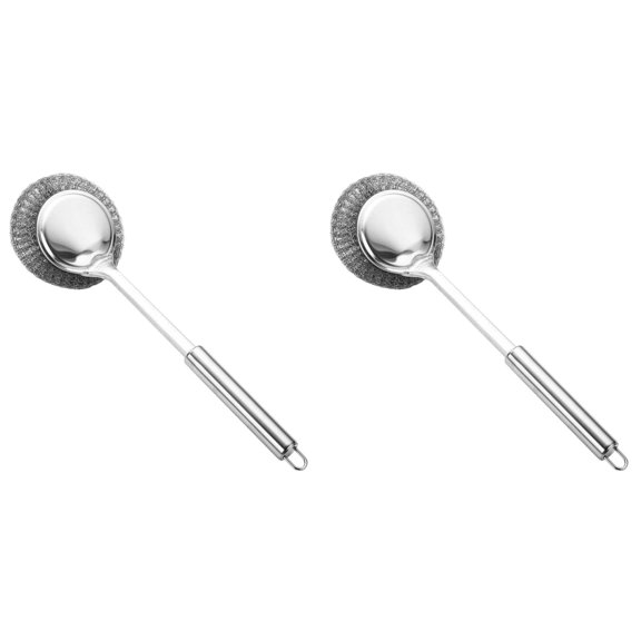 Stainless Steel Wool Scrubber with Long Handle, Handheld Scrubbing Cleaner Brush Scrubbing Scouring Pad, Stainless Steel Scrubbing Brushes Cleaning Supplies for Cleaning Kitchen,Household,2Pcs