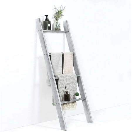 

4-Tier Wooden Blanket Ladder 4.5 ft Farmhouse Storage Rack Wall Leaning Ladder Shelf Stand Decorative Blanket Shelf for Living Room Bathroom & Bedroom (Grey)