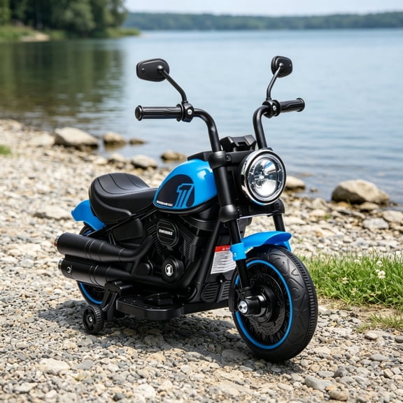 6V Kids Electric Motorcycle, Training Wheels, Single-Button Start Toddler Toy, Blue