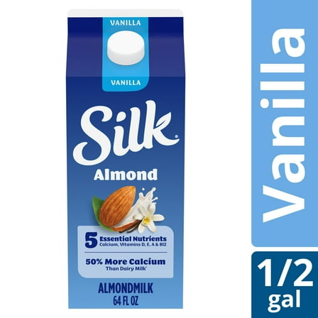 Silk Dairy Free, Gluten Free Vanilla Almond Milk, Plant Based Milk Half Gallon, 64 fl oz
