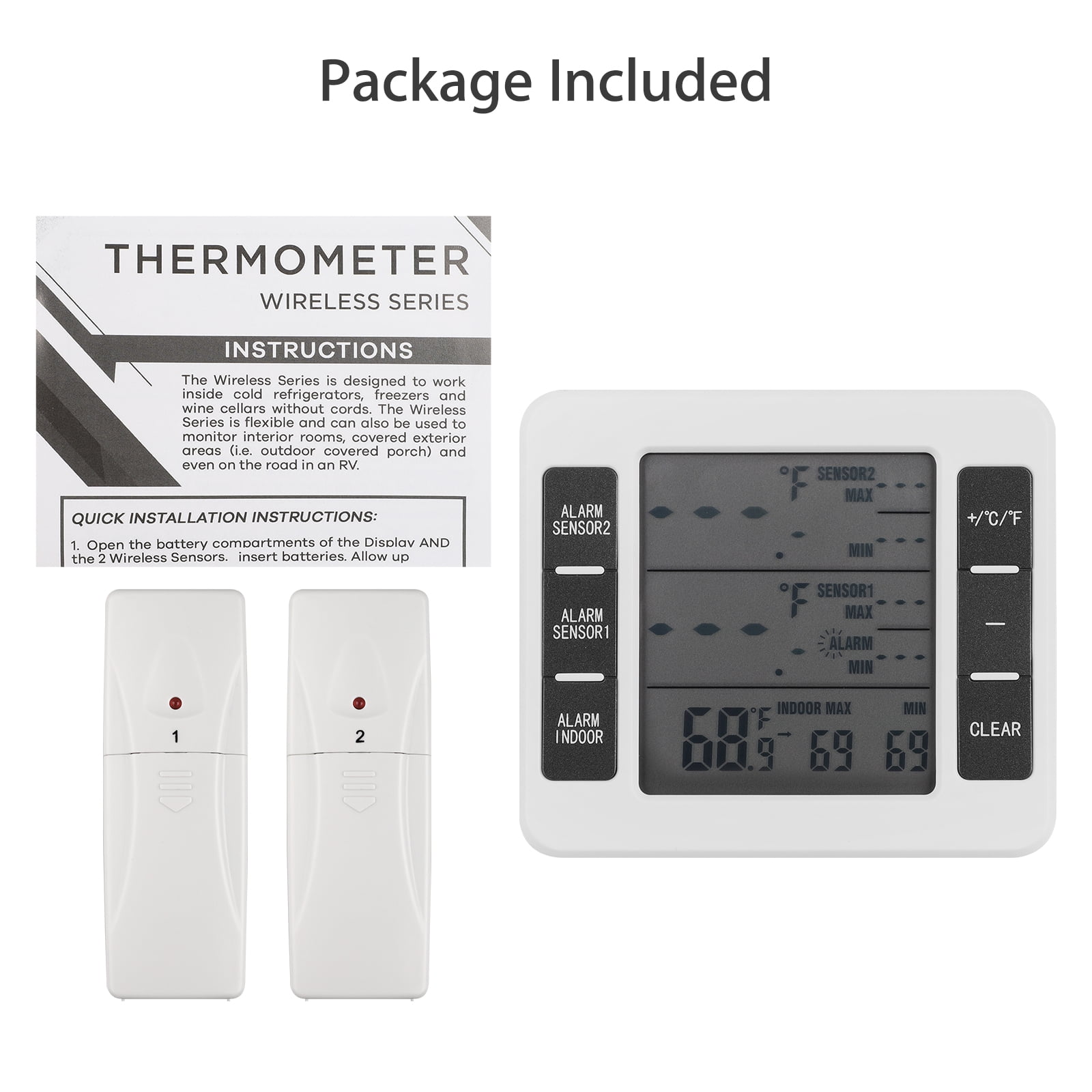 EEEkit 2pcs Digital Refrigerator Thermometers, Freezer Room Thermometers with Max/Min Record and LCD Display, Battery Included, Size: Large, White