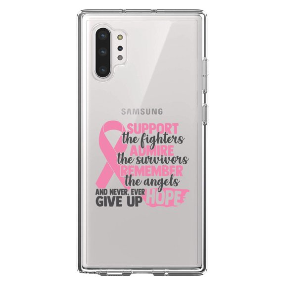 DistinctInk Clear Shockproof Hybrid Case for Galaxy Note 10 PLUS (6.8" Screen) - TPU Bumper Acrylic Back Tempered Glass Screen Protector - Pink Ribbon Cancer - Support Admire Remember