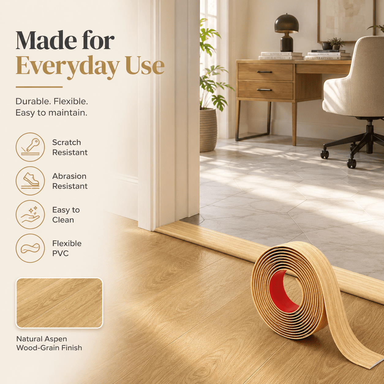 Yeslife 1 pc Self Adhesive Floor Transition Strip, 10 ft x 1.57 in, Aspen Yellow Vinyl, Flexible Waterproof Gap Cover for Laminate, Tile and Carpet Flooring