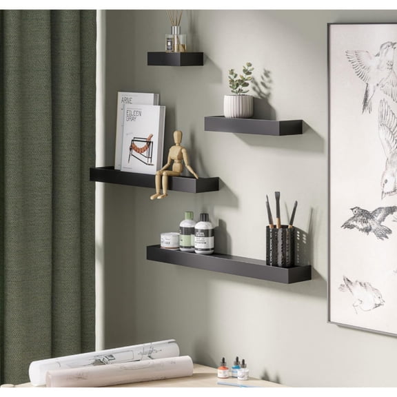 Modern Ledge Wall Shelves, Set of 4 Wood Floating Shelves for Bedroom, Bathroom, Living Room, Kitchen, Nursery, Black