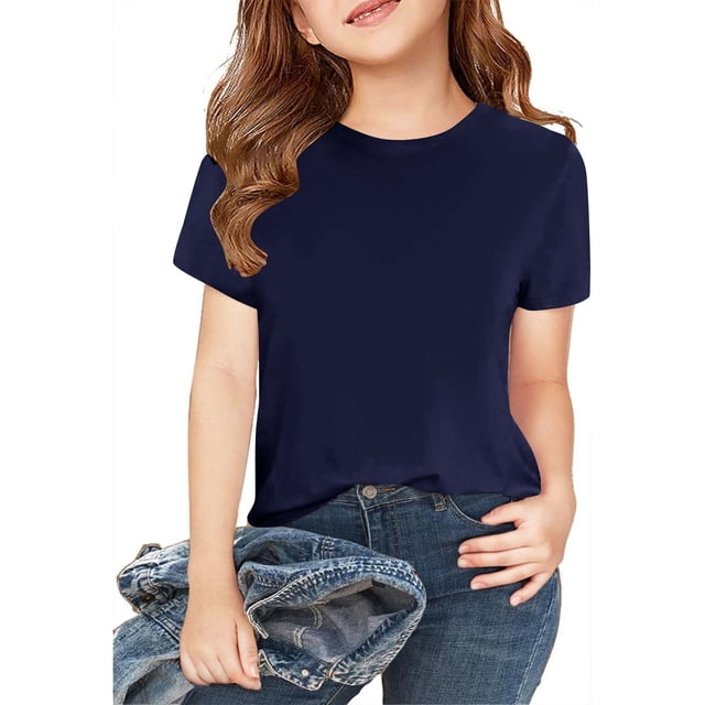 Plebaso Lot de 2 T-Shirts pour Enfants en Coton à Manches Courtes T-Shirts Basiques Décontractés à Col Rond T-Shirts Unis pour Garçons Filles