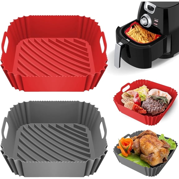 2 Pcs Air Fryer Silicone Liners, 8.5" Reusable Heat Resistant Liners, for 4 to 8 QT Air Fryer Inserts for Oven Microwave Accessories Red Grey 4 to 8