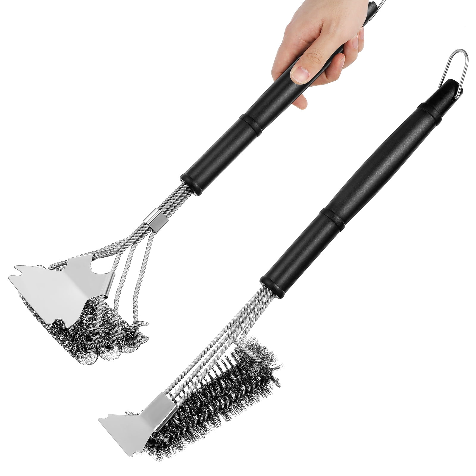 HEANUJJ 2-Pack Black Metal Grill Cleaning Brushes with Scraper for Kitchen and Outdoor BBQ Tools