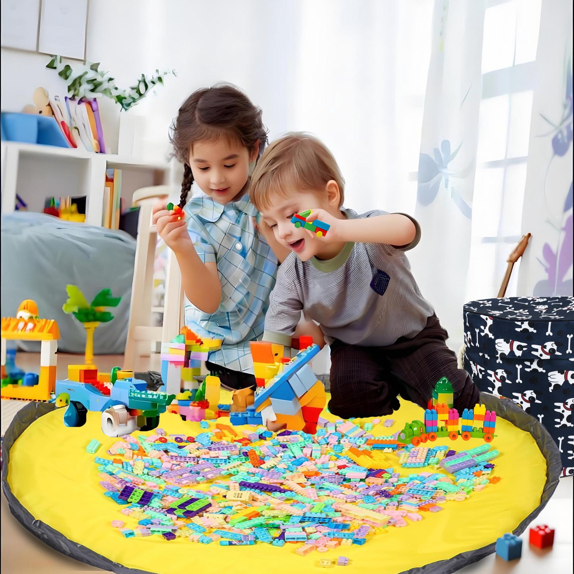 NIETEIN Kids Toy Storage Basket with Play Mat for Building Bricks Collapsible Canvas Organizer Bag (Blue Dog)