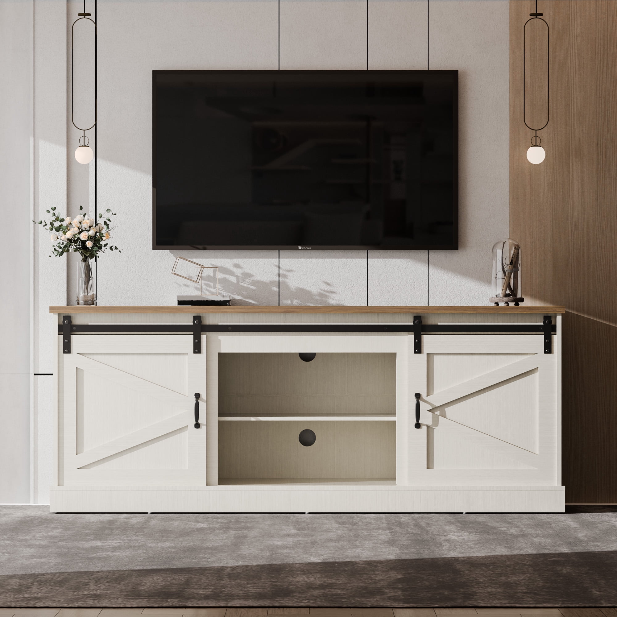 ALAULM Farmhouse 75" TV Stand, Entertainment Center with Sliding Barn Doors and Storage Cabinets, Suitable for Living Rooms, White