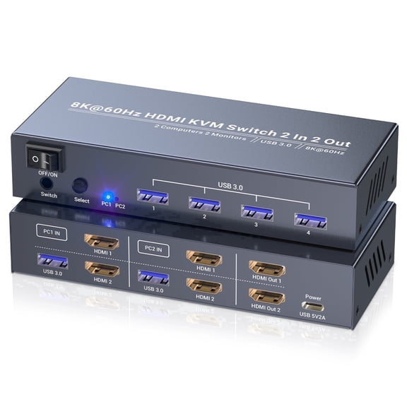 2 Monitors 2 Computers HDMI KVM Switch, 8K@60Hz 4K@120Hz Dual Monitor KVM with USB 3.0, Control 2 PCs via Button & External Controller