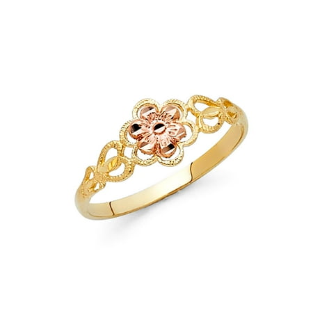 Ornate Floral Ring Fancy Flower Ring 14k Yellow & Rose Gold Floral Band Polished Diamond Cut Genuine Two Tone 7MM ()