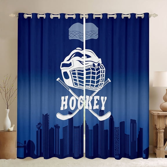 Homewish Cartoon Ice Hockey Black Out Curtains for Kids, Modern American Sports Curtains Pack of 2 (42x63 Each), Deep Blue Stripes Bedroom Curtains, Curtains and Drapes Home Decor