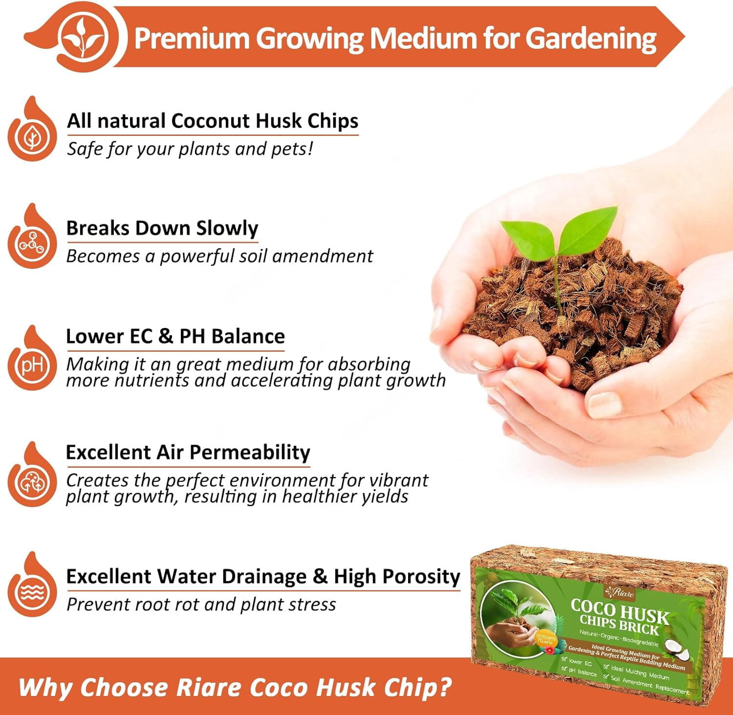 2 Pack Coco Chips Substrate for Plants- 2.2lb 100% Organic Coconut Husk Brick with Low EC and pH Balanced, High Expansion Coconut Substrate Coco Husk Mulch for Garden Flowers, Herbs, Planting