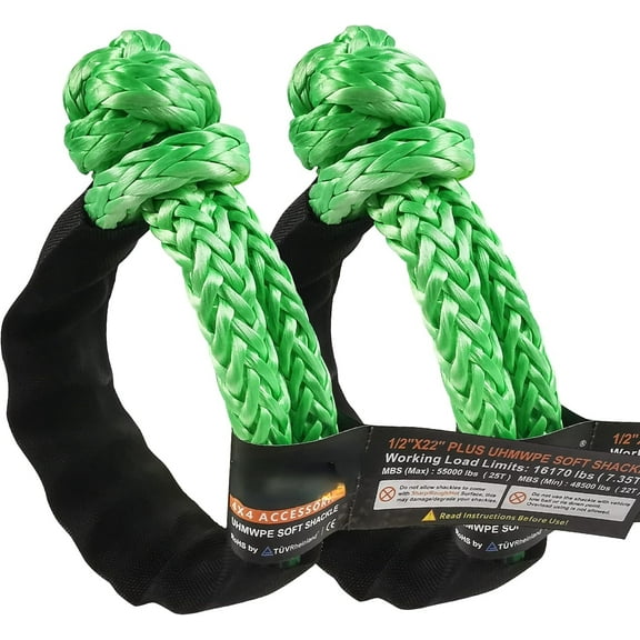 2 Pcs Synthetic Soft Shackle 1/2 x 22 Inch (55,000lbs Breaking Strength) Rope Shackle with 4 Sleeves for Sailing SUV ATV Truck Jeep Off Road Recovery (1/2" X22" Plus, Green 2-Pack, 2)