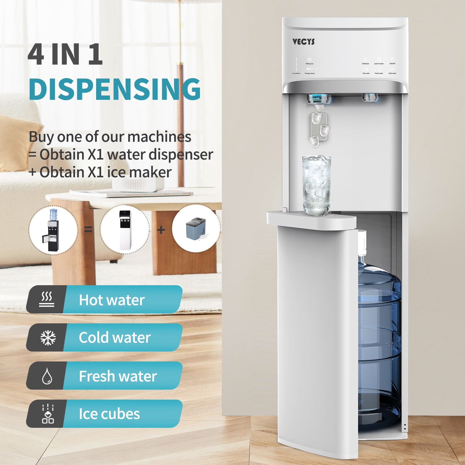VECYS 5 gal Water Dispenser with Ice Maker, Self-clean & Child Lock