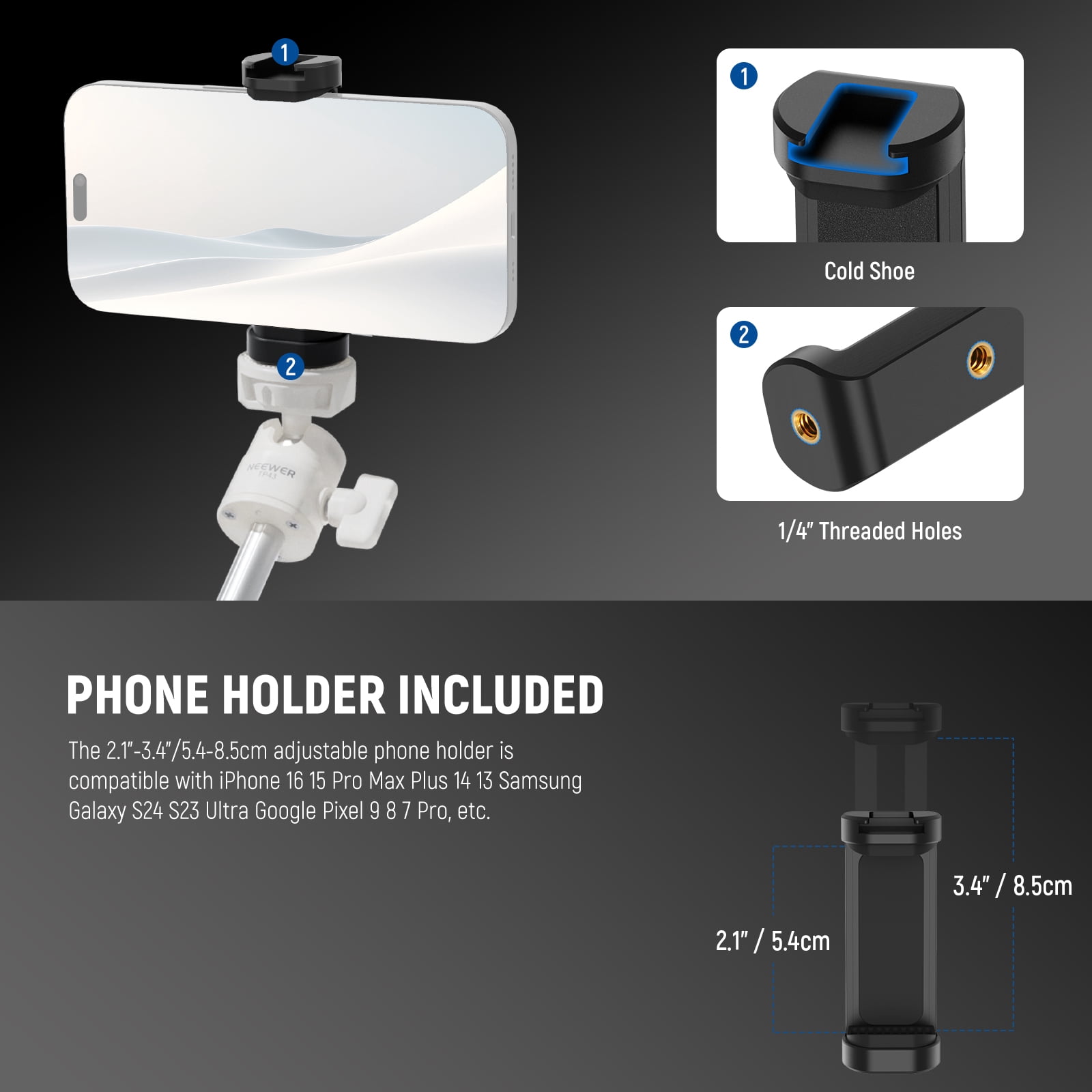 Neewer TP43 Mini Desktop Tripod - 360° Ball Head, for iPhone/GoPro/Insta360/DJI, Metal Stand for Webcam/Vlogging (White)