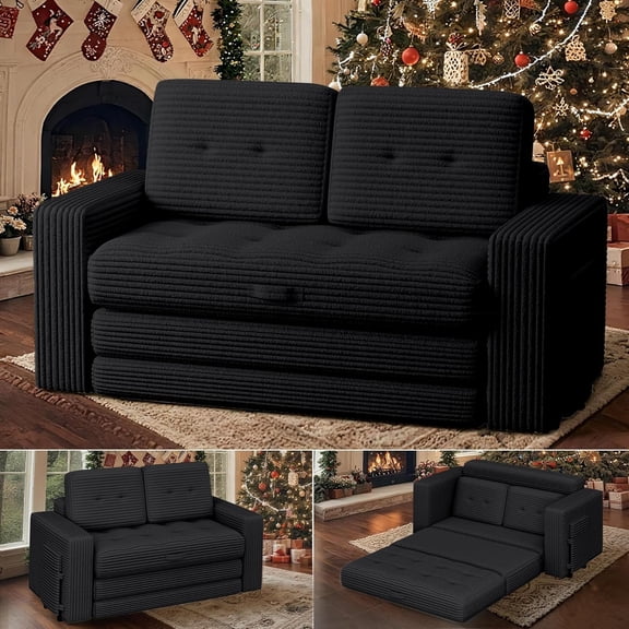 2 in 1 Convertible Sofa Bed, Pull Out Loveseat Boneless Couch, Sleeper Sofabed, Folding Couch Bed with Pillow for Living Room Bedroom, Black