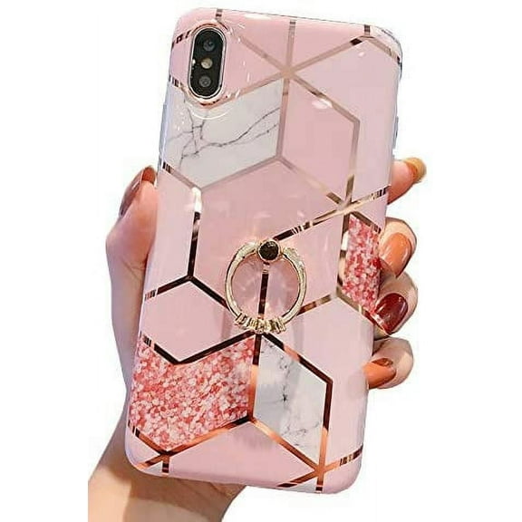 iPhone Xs Case,iPhone X Case Marble Cute Fashion for Women Girls Men with 360 Degree Rotating Ring Kickstand Soft TPU Shockproof Cover Designed for iPhone X/XS 5.8" Bling Pink Marble