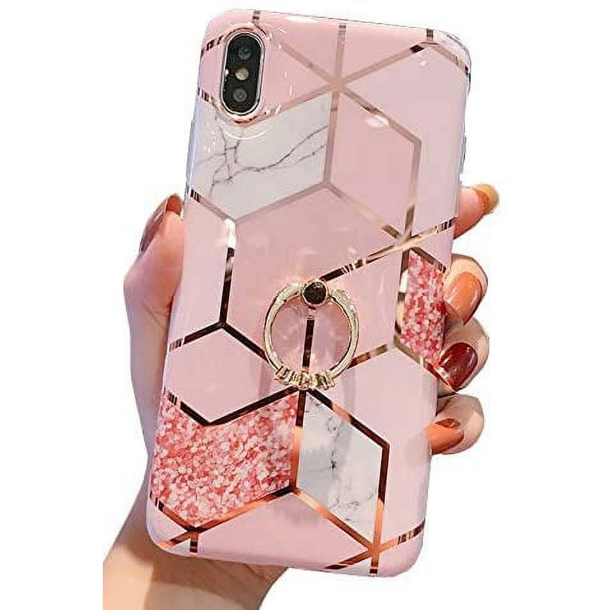 iPhone Xs Case,iPhone X Case Marble Cute Fashion for Women Girls Men with 360 Degree Rotating Ring Kickstand Soft TPU Shockproof Cover Designed for iPhone X/XS 5.8" Bling Pink Marble