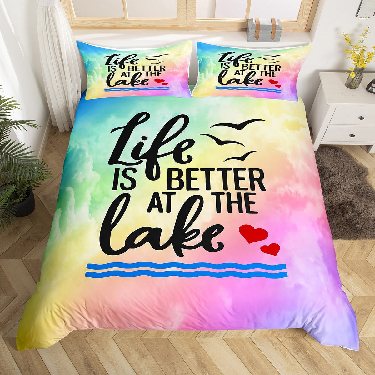 Lake Life Decor Bedding Set Gradient Rainbow Comforter Cover for Adults