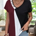 thumbnail image 4 of Camiseta de color en contraste para mujer, camiseta estampada con cuello en V, camisetas de manga corta informales de verano, rojo vino L, 4 of 6