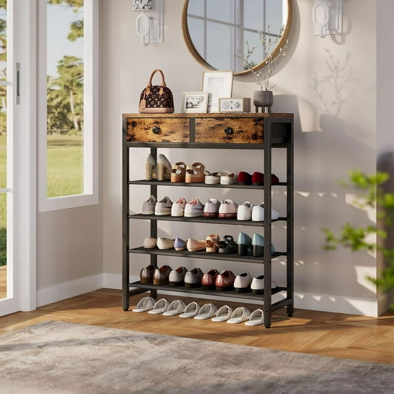 5 Tier Metal Shoe Rack with 2 Drawers, Large Capacity Shoe Storage Organizer for Entryway, Bedroom, Closet