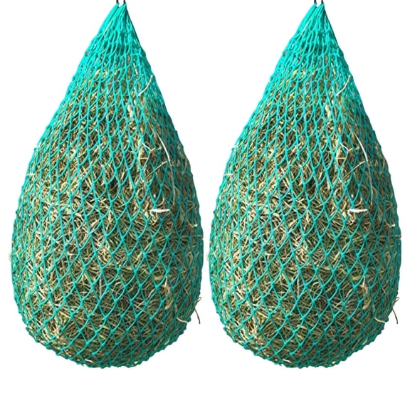 2 Pcs Slow Feed Hay Net for Horses, 40 inch Length Teal Nylon Feeder, 2 inch Small Holes Equine Hay Bag for Reduced Waste, Promote Digestion & Stall Trailer Feeding