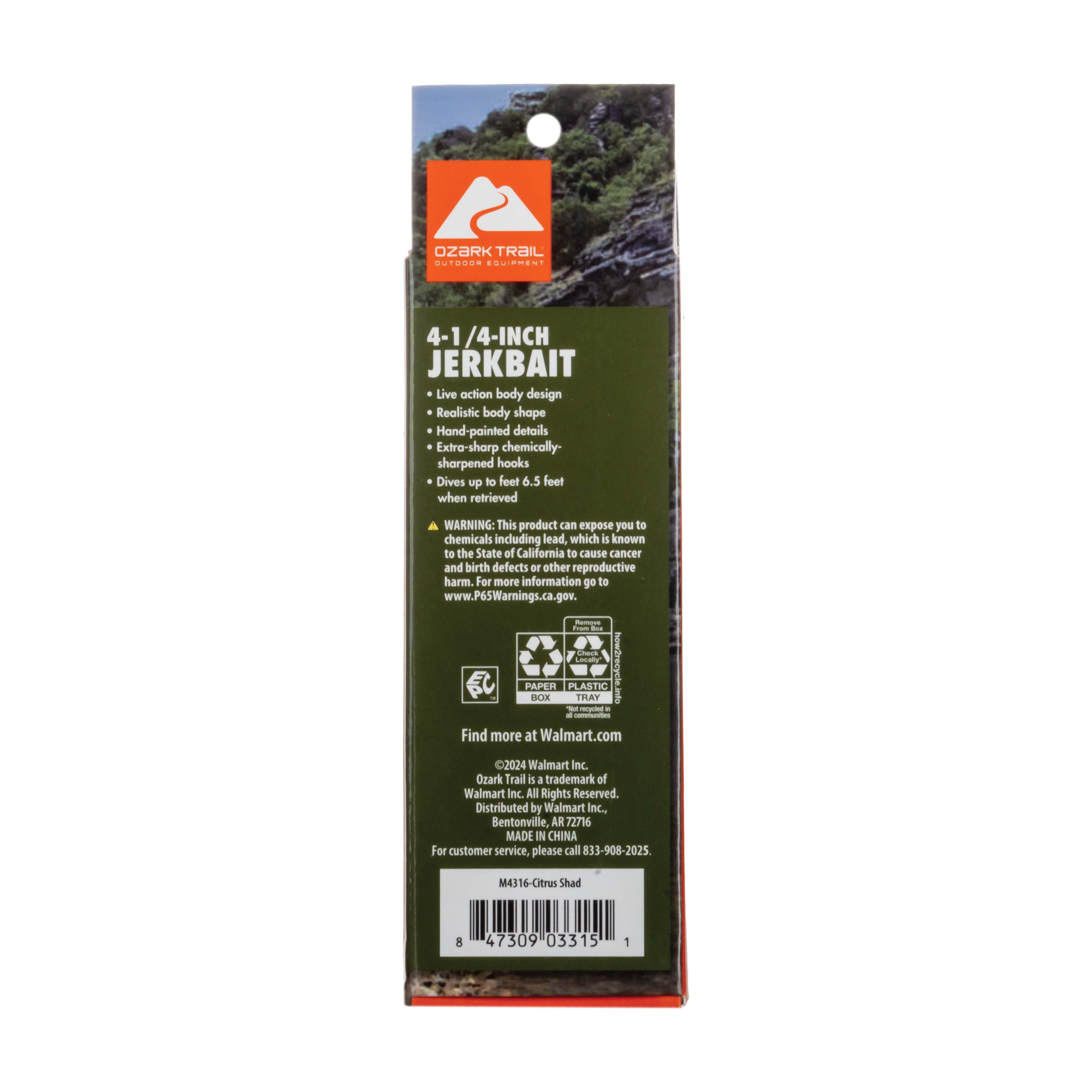 Ozark Trail 4-1/4-Inch Jerkbait, Citrus Shad, Diving Fishing Lure, 6.5-ft Dive Depth