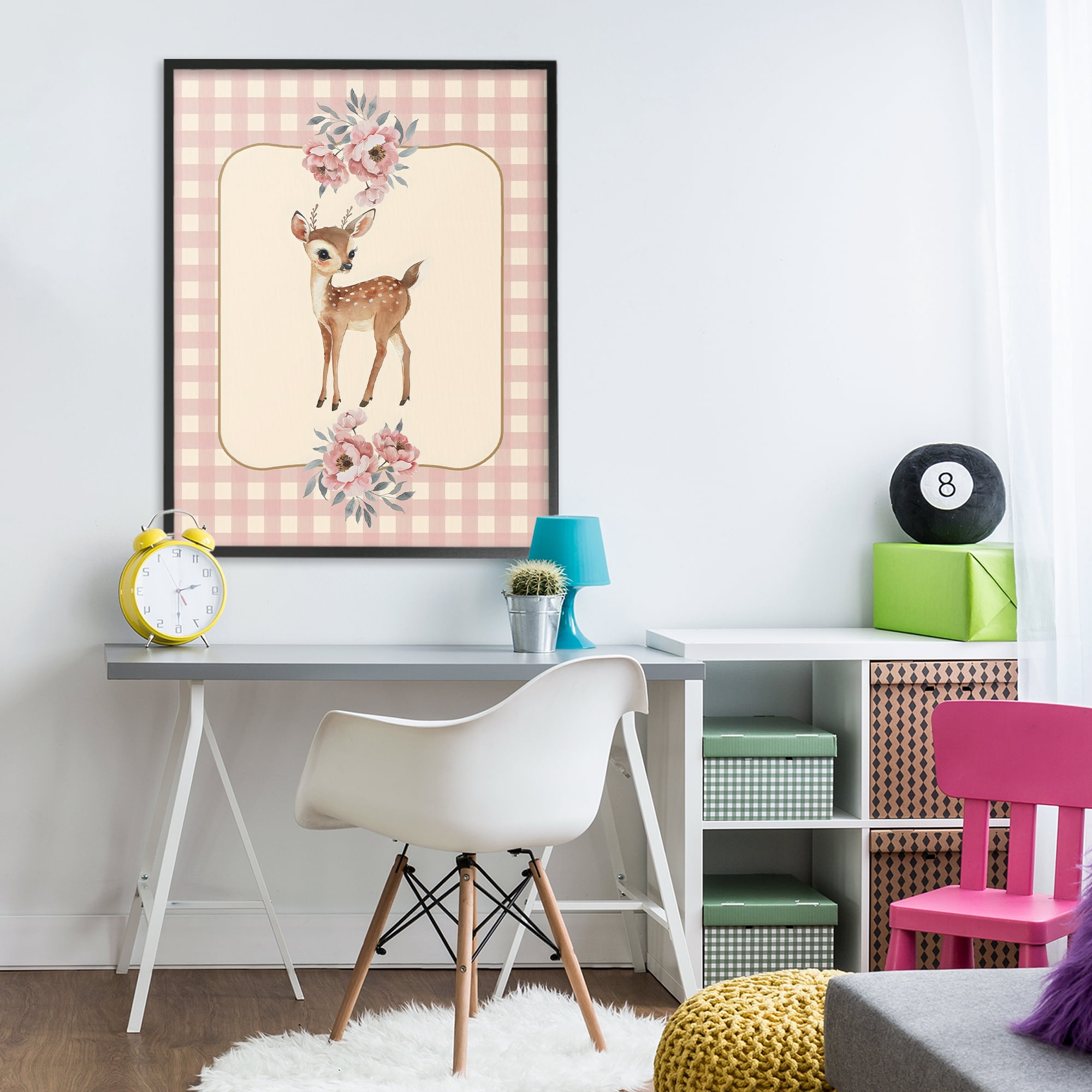 Stupell Industries Baby Deer Pink Gingham Black Framed Giclee Art, design by LSR Design Studio