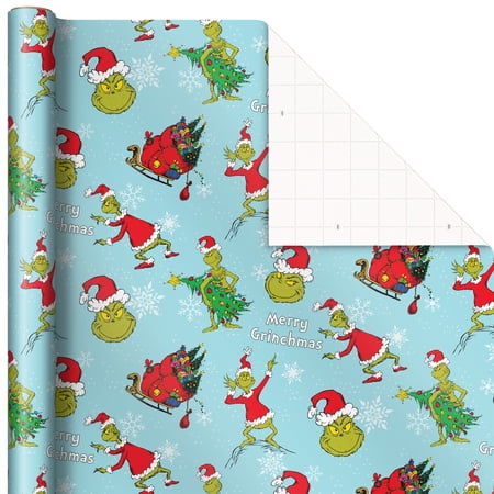 Hallmark Grinch Wrapping Paper for Christmas with Blue Tiles, White Snowflakes, Cindy Lou Who, Max( missing one roll)