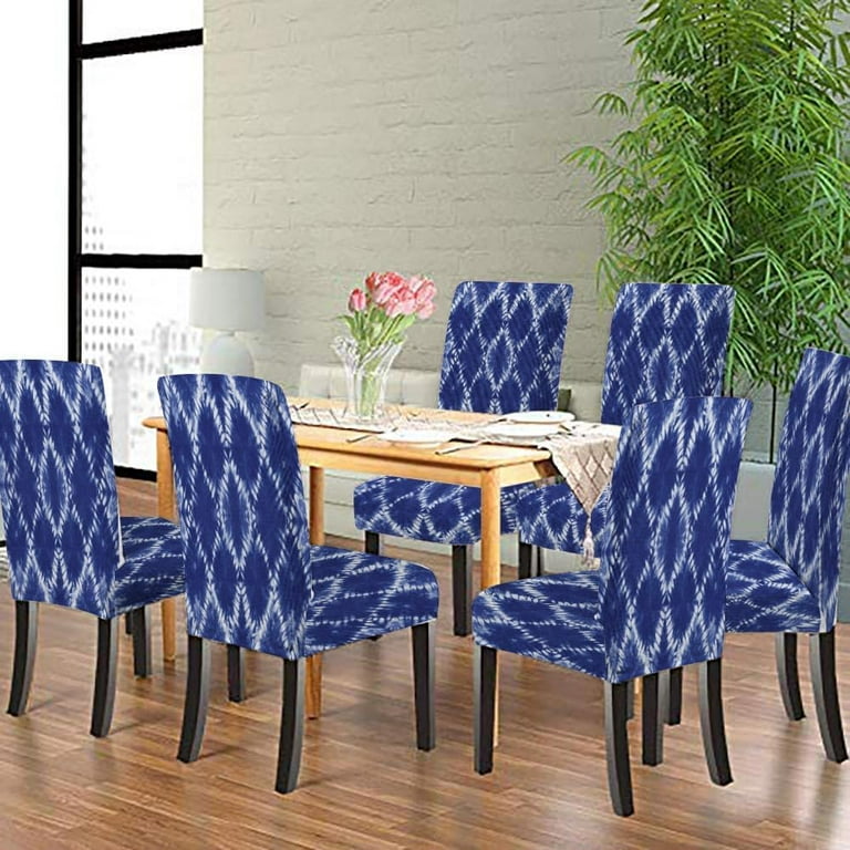 Dining Chair Covers Pack Abstract Indigo White Stretch Dining