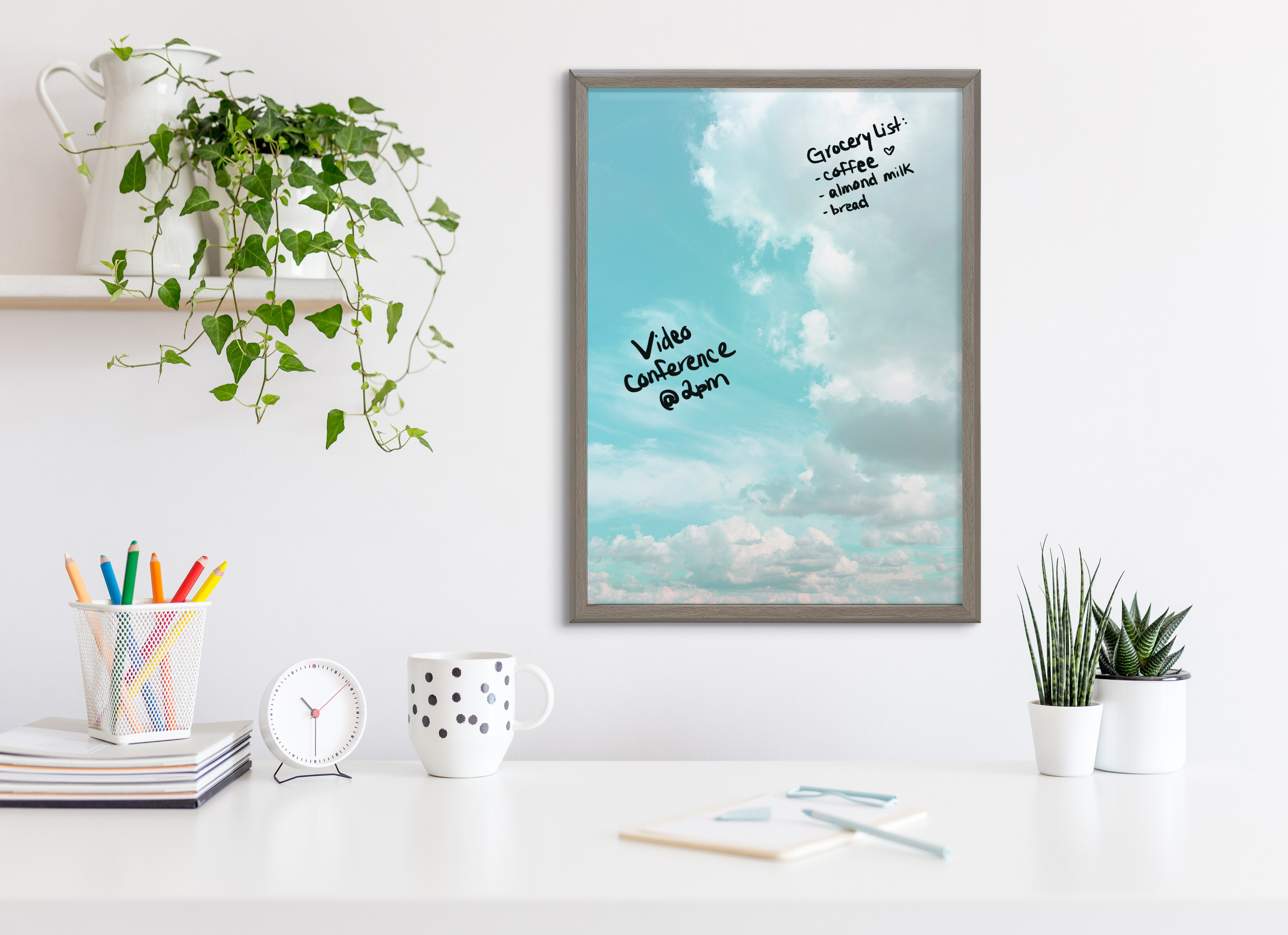 Kate and Laurel Blake Head in the Clouds Framed Printed Dry-Erase Glass Wall Art by Dominique Vari, 18x24 Gray, Sky-Themed Art for Wall