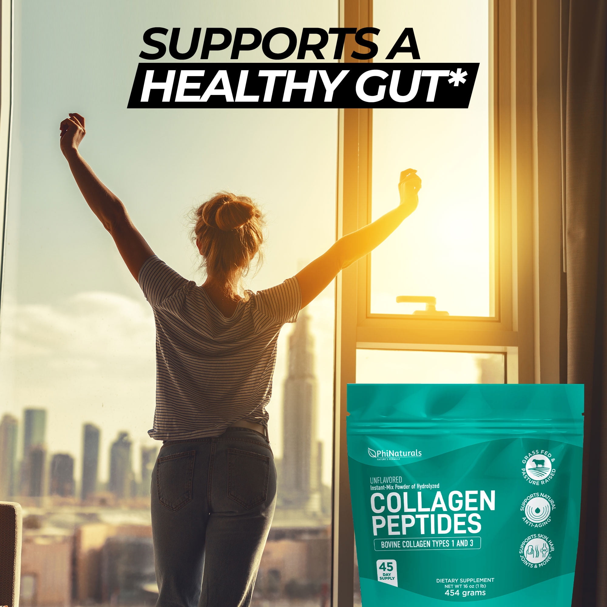 PhiNaturals Hydrolyzed Collagen Peptides Powder Unflavored – Grass Fed Bovine Collagen Protein Supplement for Women & Men – Supports Skin, Hair, Nails, Joints & Bones – Type I & III Collagen