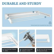 Foldable Clothes Drying Rack, Wall Mounted Collapsible Clothes Hanger with 4 Hooks for Laundry Room and Bathroom White ABS