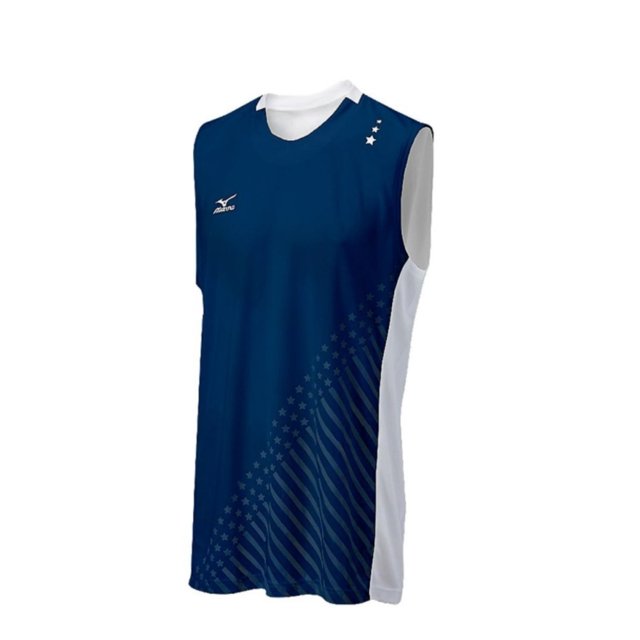 Camiseta sin mangas Mizuno DryLite National VI para hombre, azul marino y blanco - XS